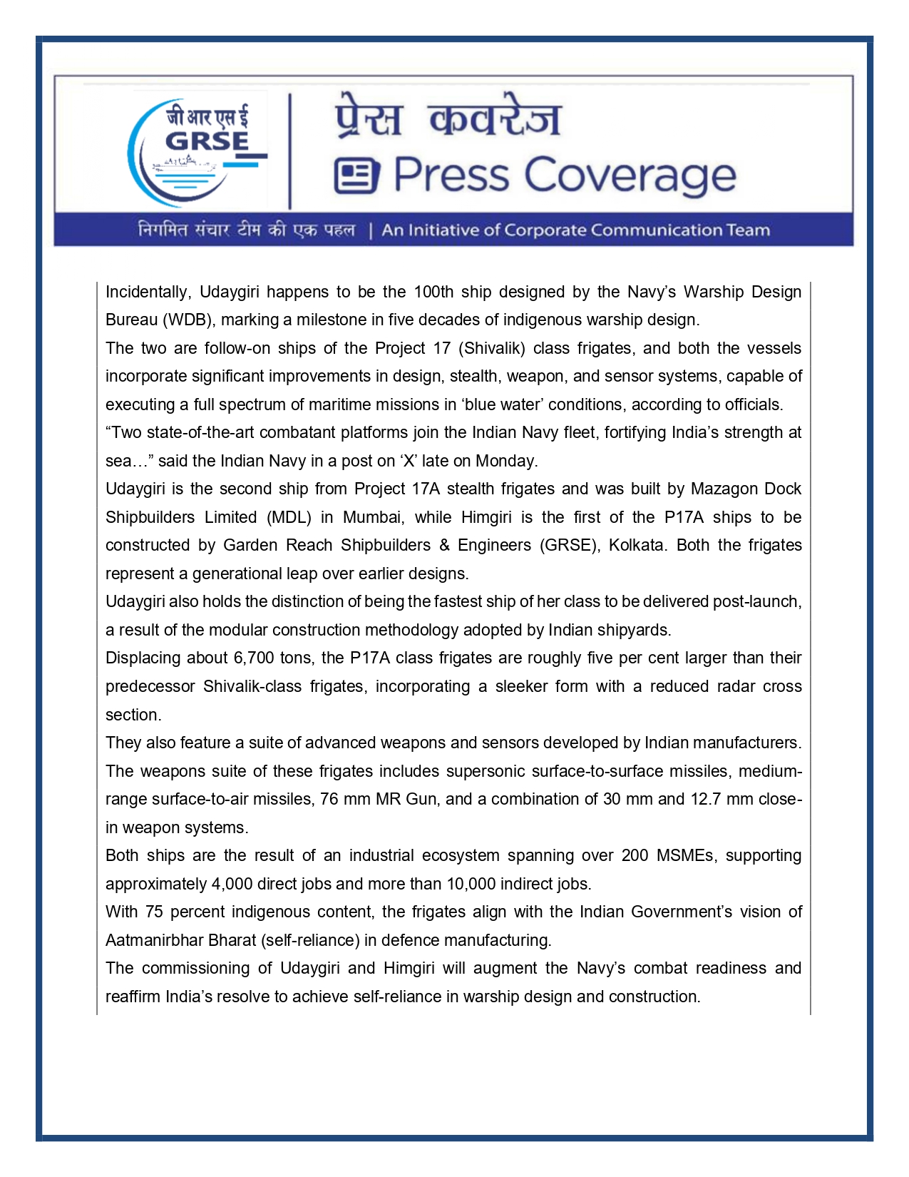 Press Coverage : 27 Aug 25:India will build its own warships,import no more:Rajnath